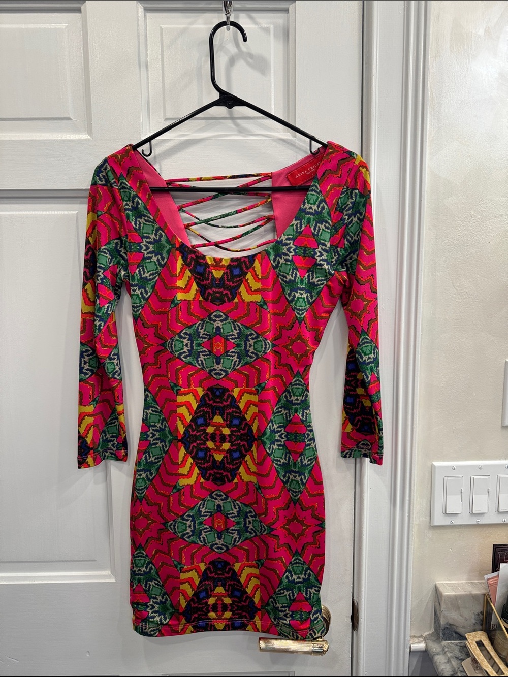 AKIRA Pink & Green Geometric Long Sleeve Bodycon Dress with Strappy Back